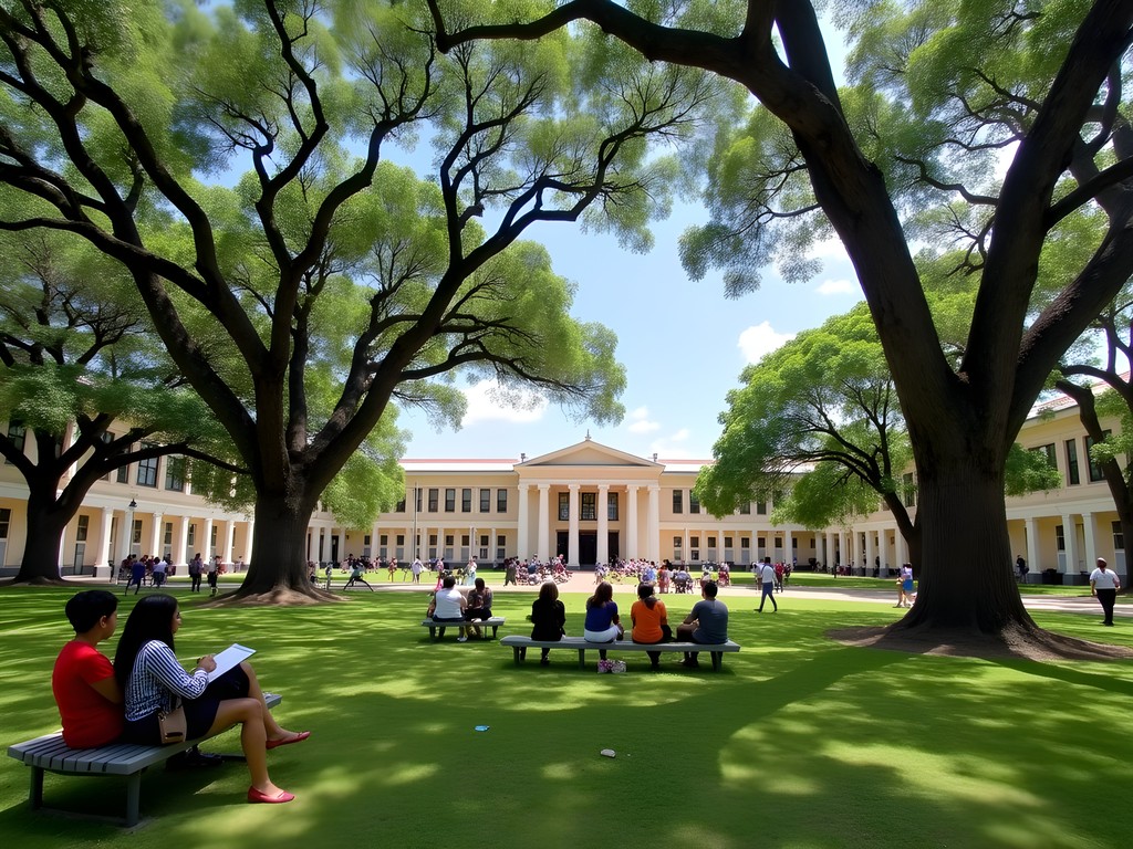 Students gathered under a large tree at University of the West Indies campus in Kingston