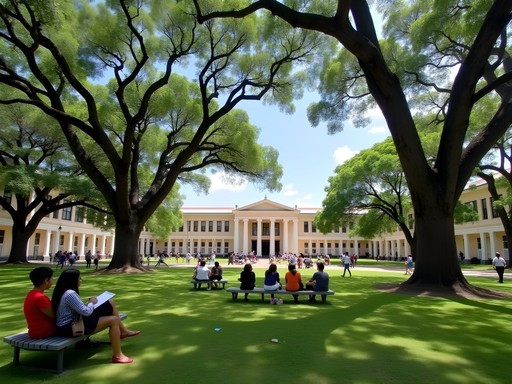 Students gathered under a large tree at University of the West Indies campus in Kingston