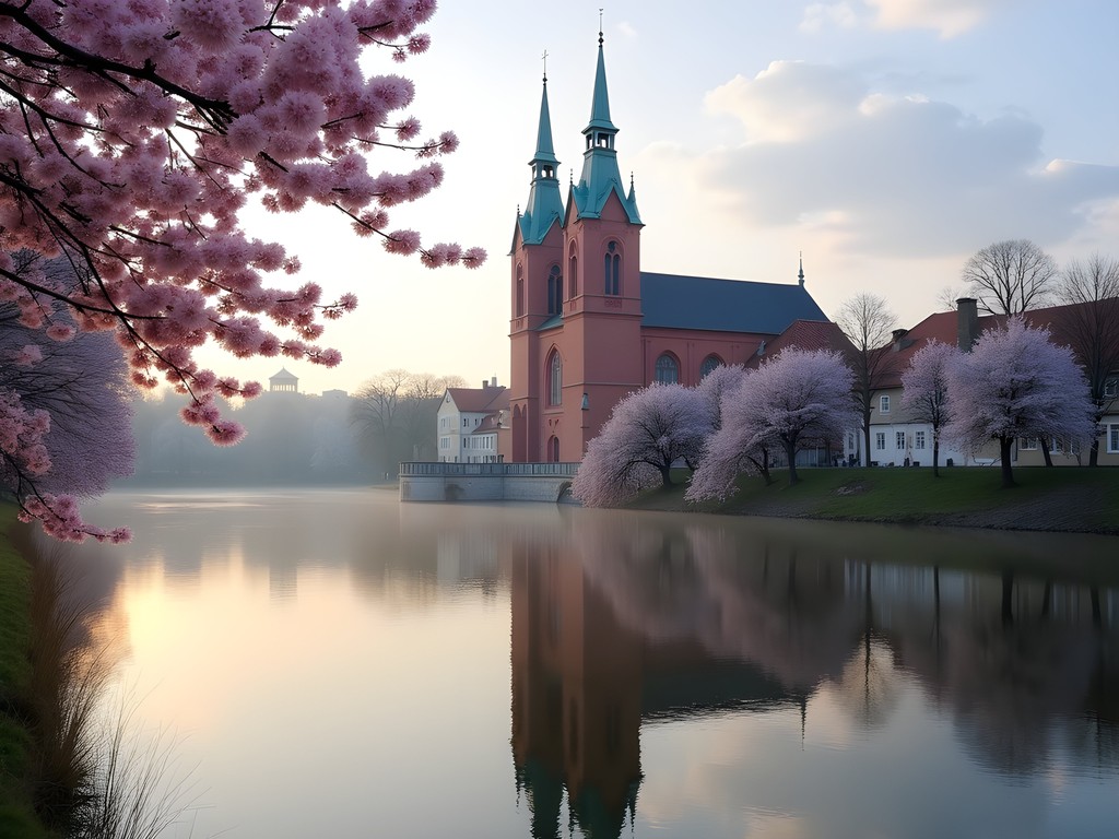 Poznan's Cathedral Island with historic cathedral and spring blossoms