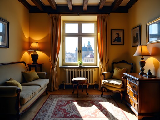 Hotel room in Prague with furniture arranged in golden ratio pattern