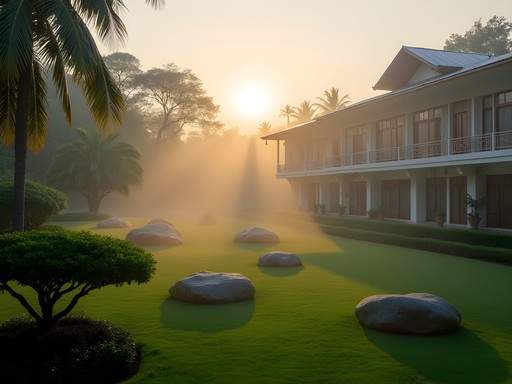 Serene gardens of Osho International Meditation Resort in Pune during morning hours