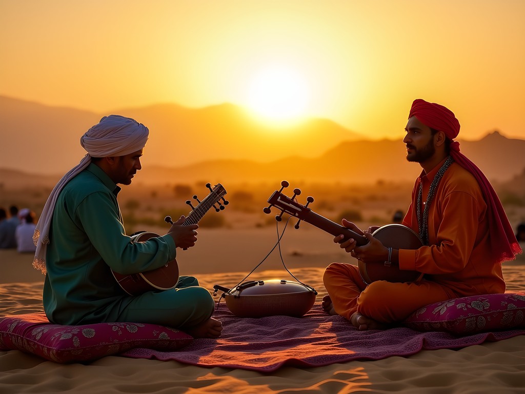 Musicians playing traditional instruments during sunset in the desert outside Pushkar
