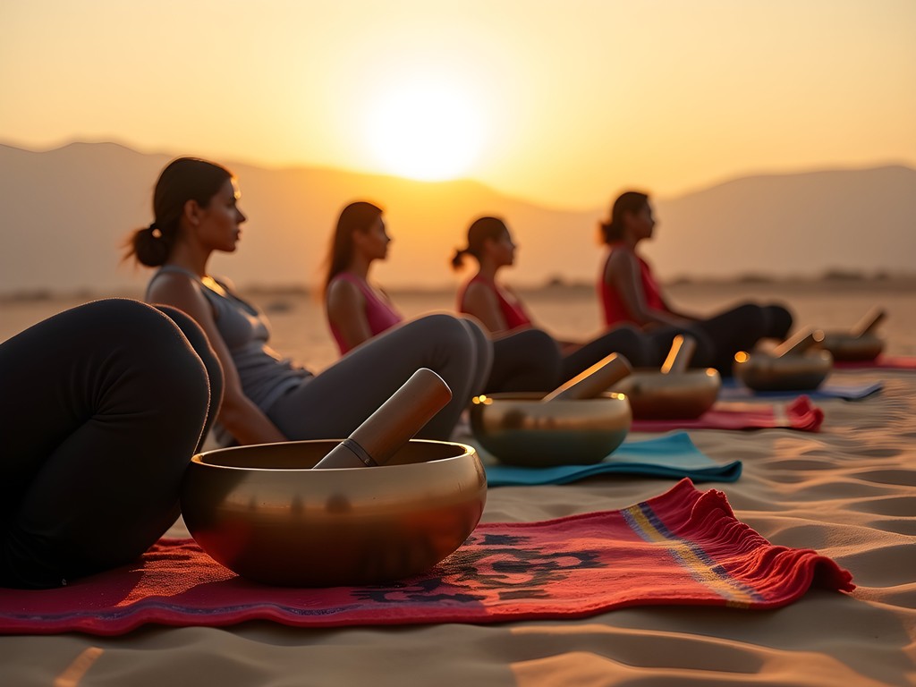 Sound healing session with singing bowls in the desert dunes outside Pushkar at sunset