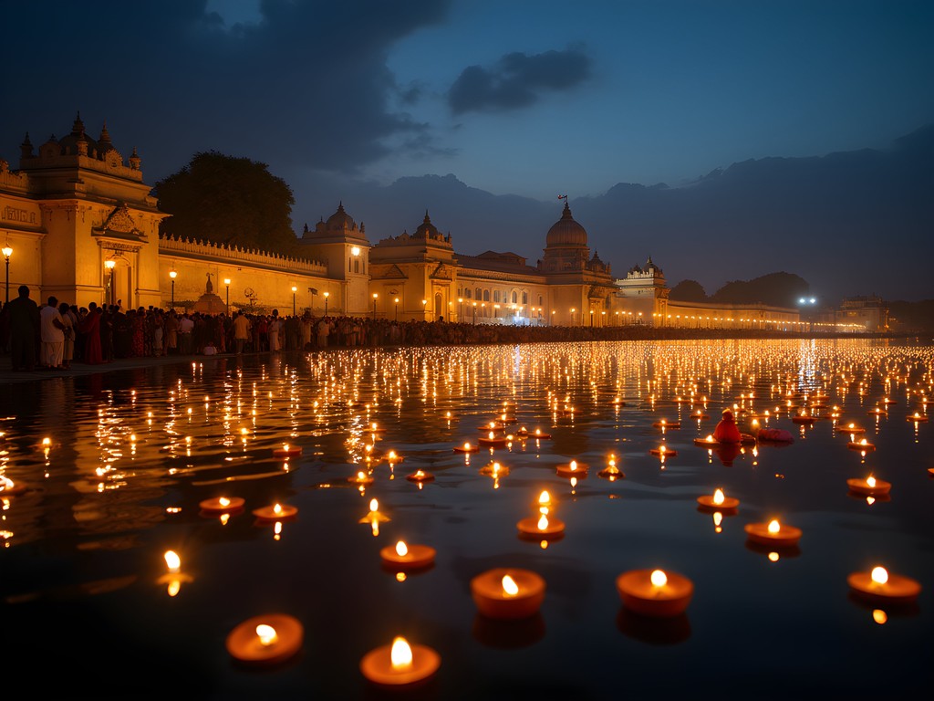 Evening aarti ceremony at Pushkar Lake with hundreds of floating oil lamps illuminating the sacred waters