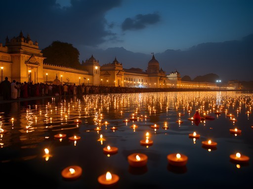 Evening aarti ceremony at Pushkar Lake with hundreds of floating oil lamps illuminating the sacred waters