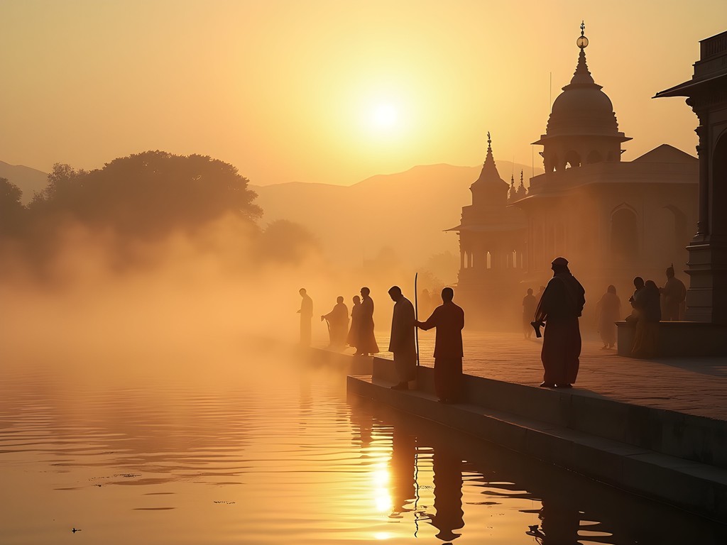 Misty sunrise over Pushkar Lake with silhouettes of devotees performing morning rituals at the ghats