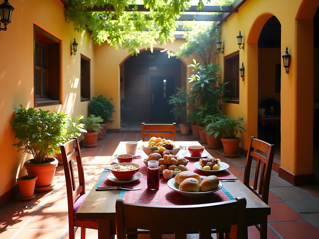 Traditional courtyard breakfast setting at Casa Patrimonial B&B in Rancagua with Chilean textiles and morning light