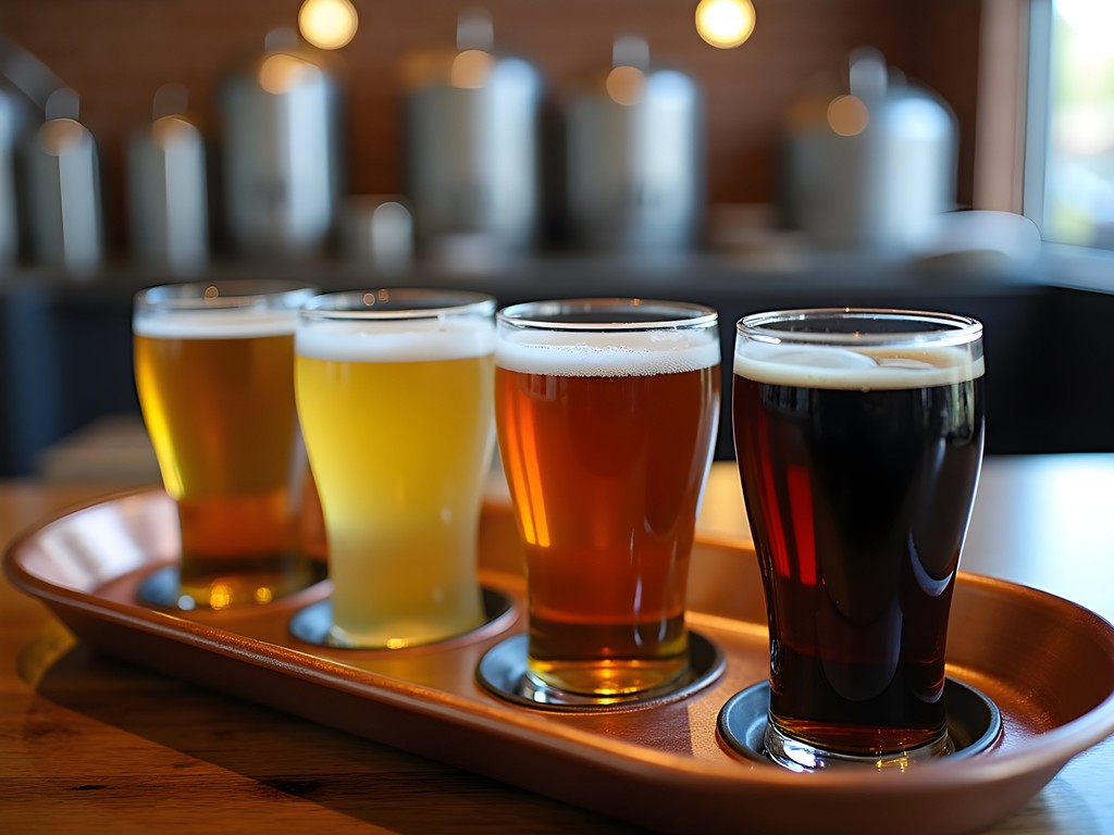 Craft beer flight in copper serving tray at Cervecería Rancagua with Andean cheese board