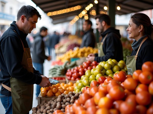Colorful autumn produce displays at Rancagua's Mercado Central with local vendors and shoppers