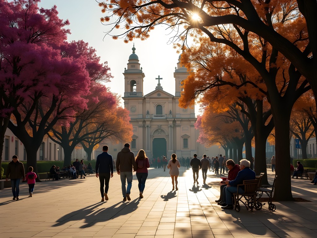 Plaza de Los Héroes in Rancagua with San Francisco Church and local families enjoying afternoon activities