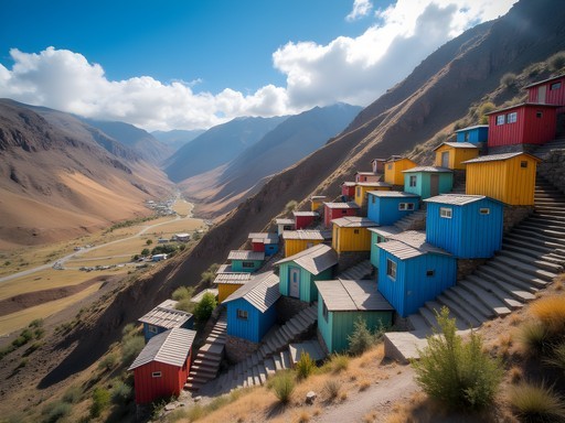 Colorful wooden buildings of Sewell Mining Town nestled on Andean mountainside with fall colors