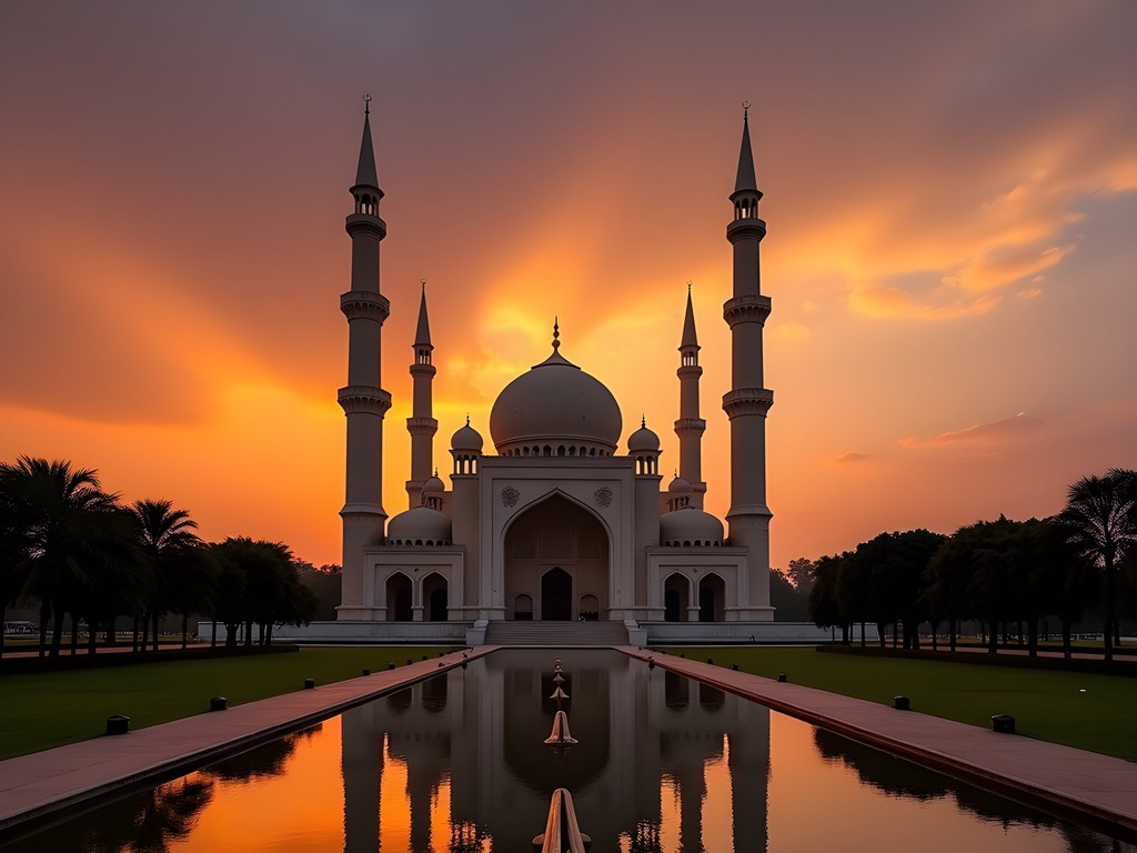 Faisal Mosque silhouetted against a dramatic sunset sky in Islamabad