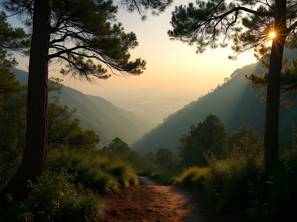 Sunlight filtering through trees on Margalla Hills Trail 5 with Islamabad visible in the distance