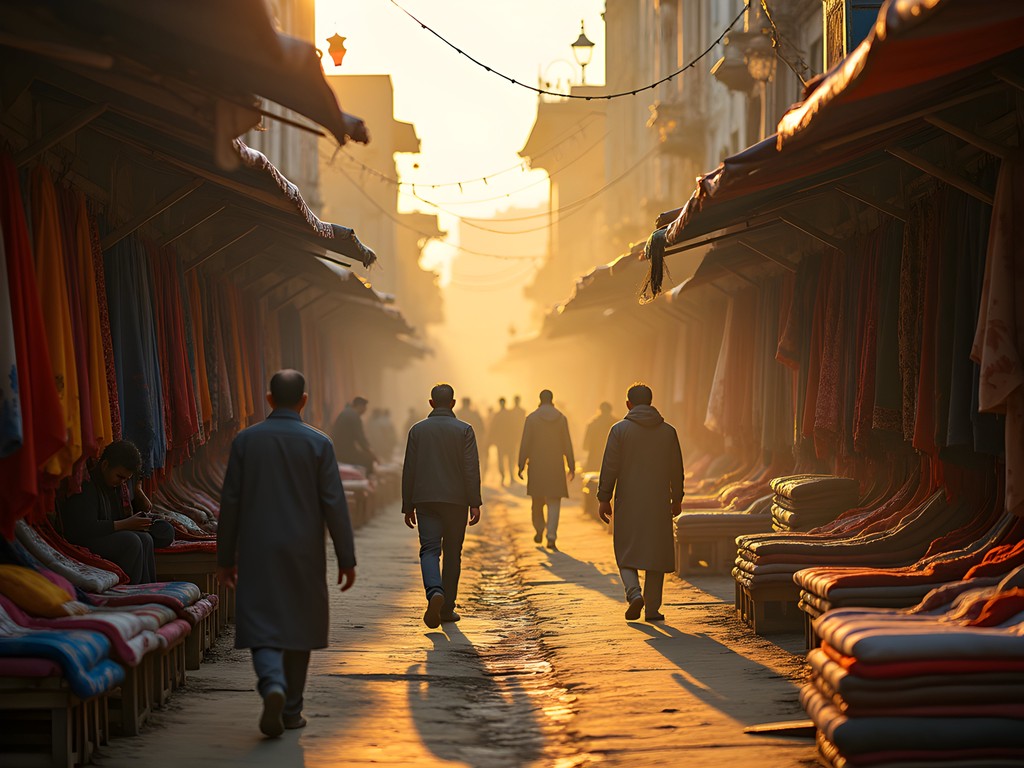 Early morning light filtering through Raja Bazaar in Rawalpindi with vendors setting up shops