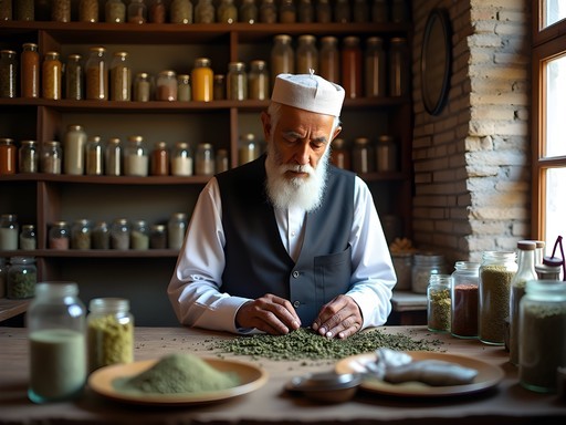 Traditional Yunani medicine practitioner with herbs and natural remedies in historic Rawalpindi shop