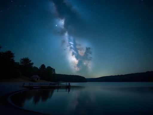 Night sky over Lake Reba in Richmond Kentucky with stars reflecting in water