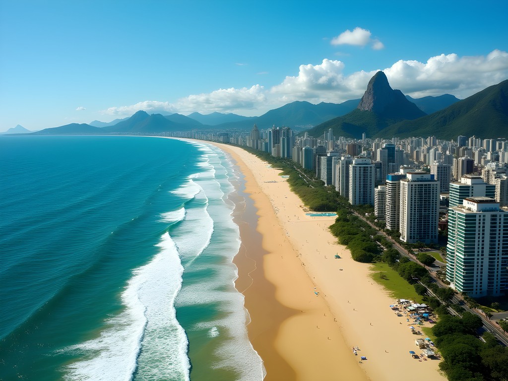 Aerial view of Barra da Tijuca's expansive beach with mountains in background