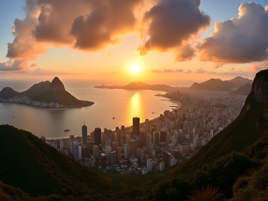 Panoramic sunset view from Sugarloaf Mountain showing Rio's coastline and mountains