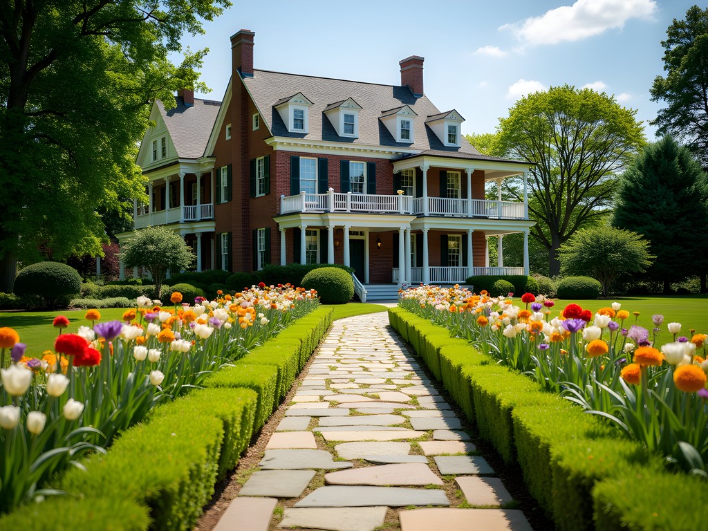 Blooming summer gardens at the George Eastman Museum with historic mansion in background