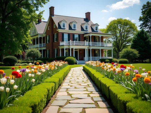 Blooming summer gardens at the George Eastman Museum with historic mansion in background