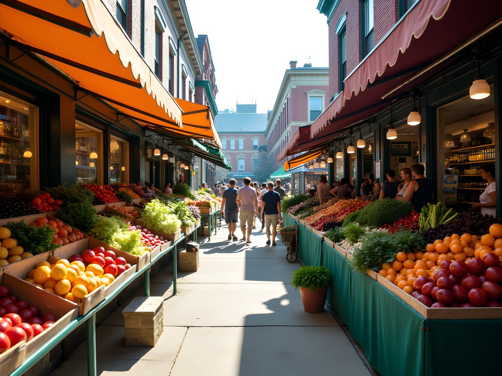 Bustling summer morning at Rochester Public Market with fresh produce displays