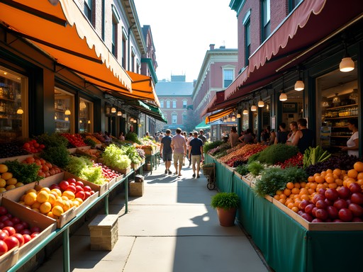 Bustling summer morning at Rochester Public Market with fresh produce displays