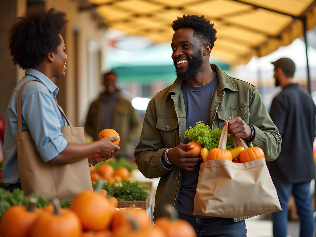 Man shopping at Rock Hill Farmers Market with reusable bags