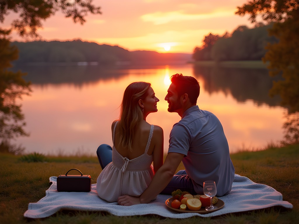Couple enjoying sunset picnic at Ebenezer Park overlooking Lake Wylie