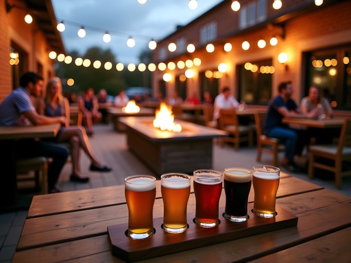 Couple enjoying craft beers on Legal Remedy Brewing's outdoor patio with fire pits
