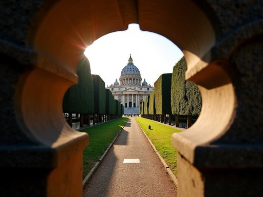 Famous keyhole view from Aventine Hill framing St. Peter's Basilica dome in the distance