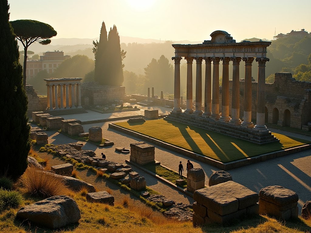Morning view of Roman Forum ruins from Palatine Hill in autumn light