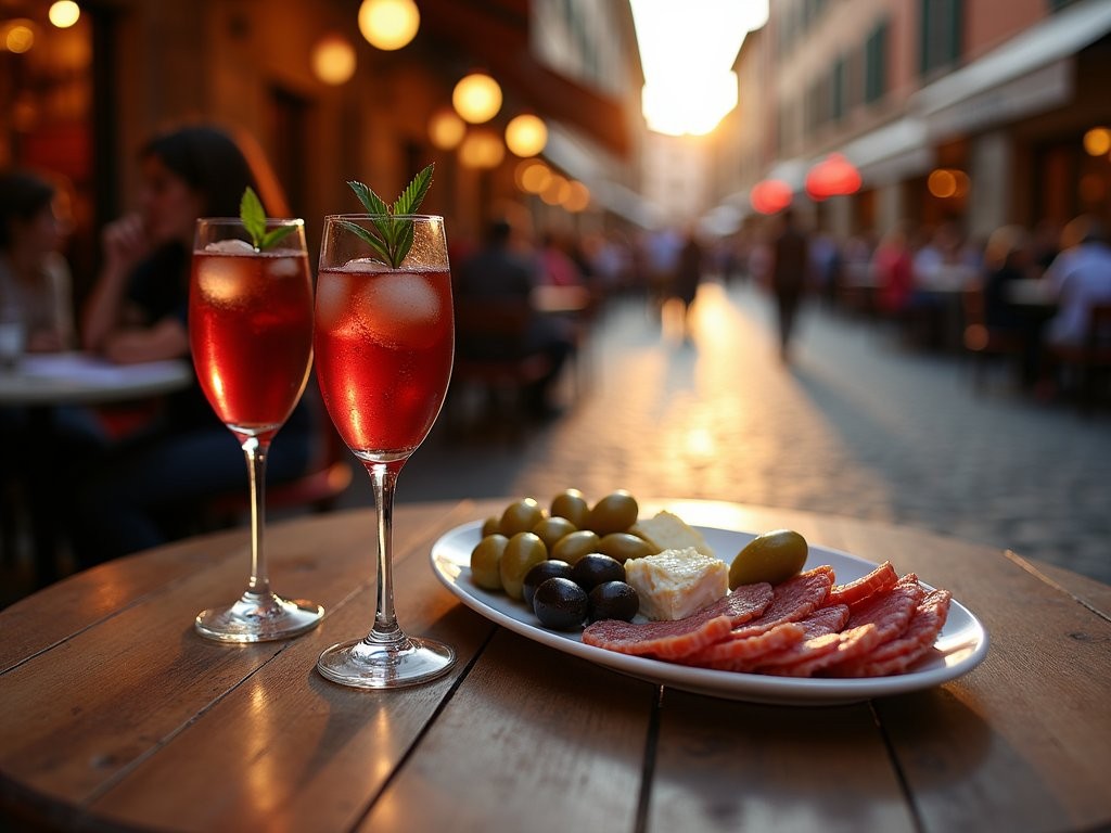Traditional Roman aperitivo scene with Negroni cocktails and small plates in Trastevere at sunset