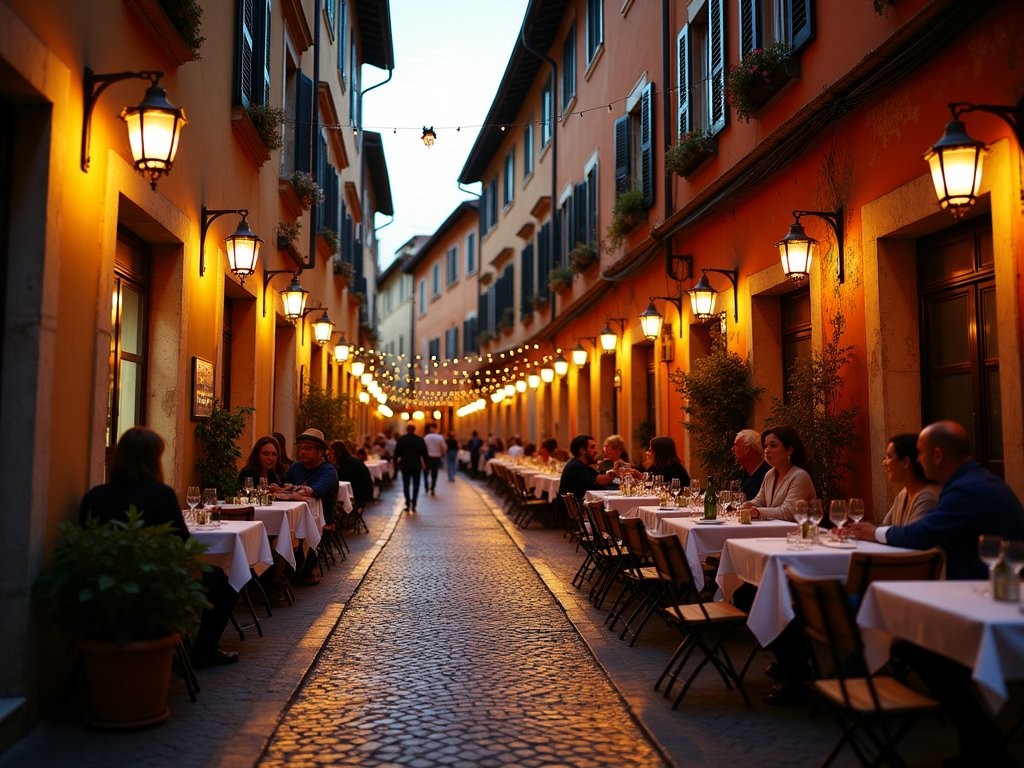 Atmospheric evening street scene in Trastevere with outdoor dining and warm lighting
