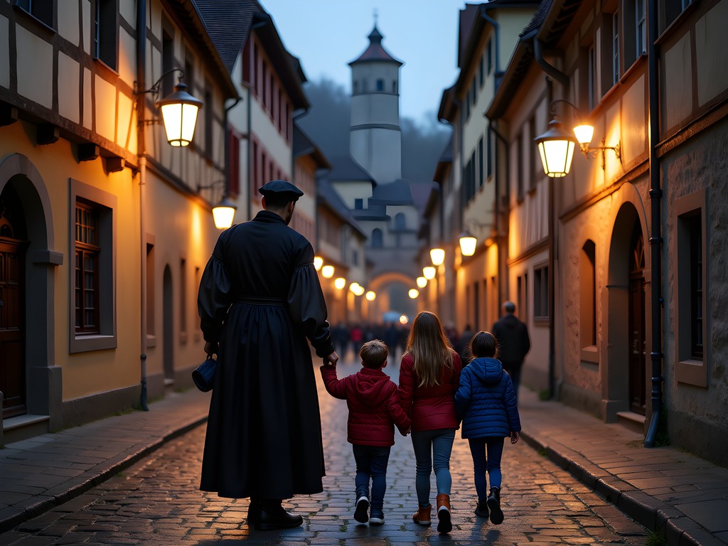 Rothenburg's famous Night Watchman leading a tour through medieval streets at dusk with families following