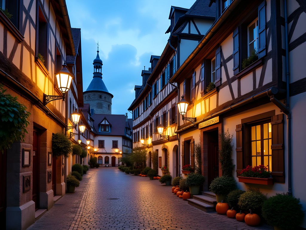 Famous Plönlein corner in Rothenburg illuminated at night with autumn decorations