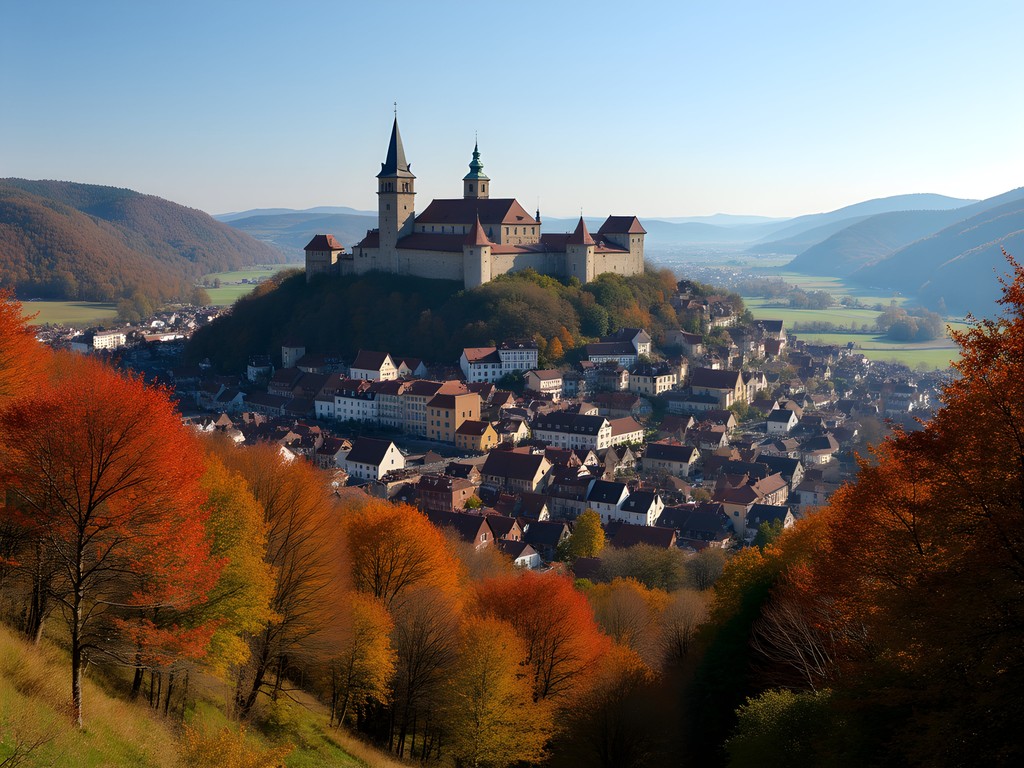 Panoramic view of Rothenburg ob der Tauber from the Tauber Valley below with autumn foliage