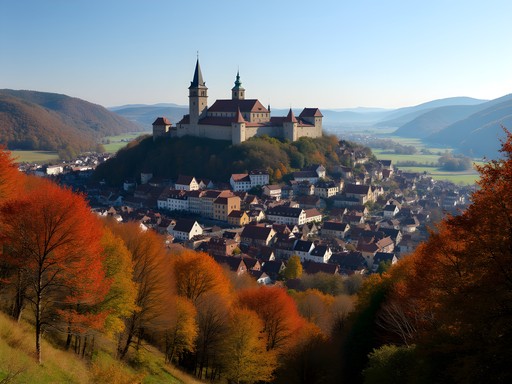 Panoramic view of Rothenburg ob der Tauber from the Tauber Valley below with autumn foliage