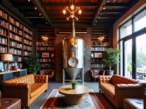 Hotel Emma's stunning lobby featuring preserved industrial brewing equipment and luxury design elements