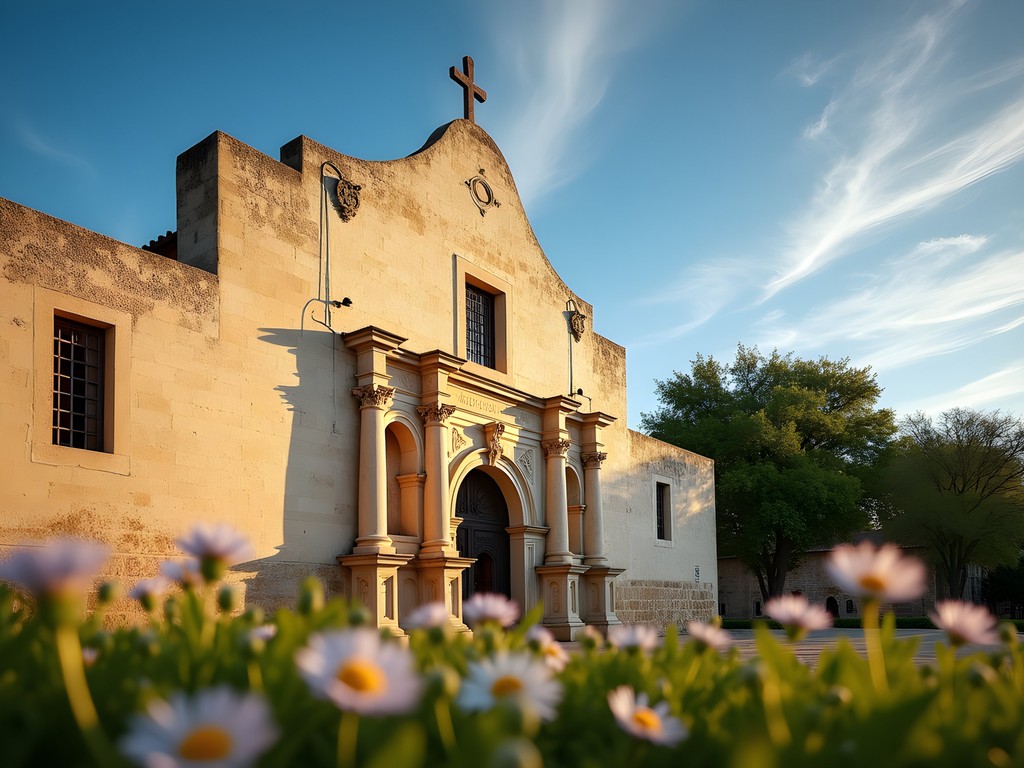 Mission San José's stone facade in morning light with blooming wildflowers in foreground