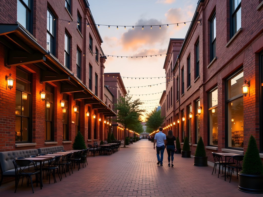 San Antonio's Pearl District at sunset with string lights and historic brewery buildings