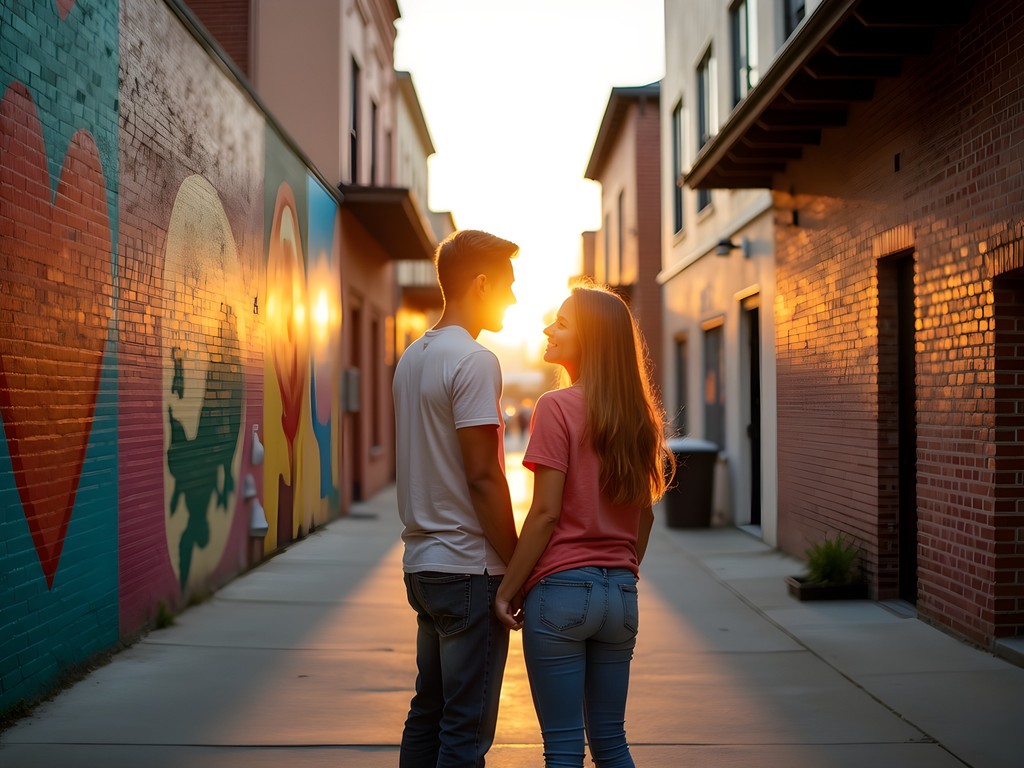 Couple exploring colorful street murals in San Antonio's Southtown Arts District at sunset