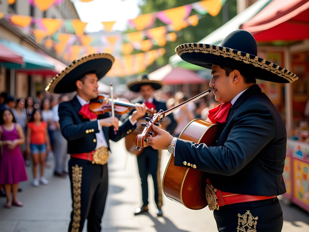 Mariachi musicians performing in San Antonio's colorful Market Square