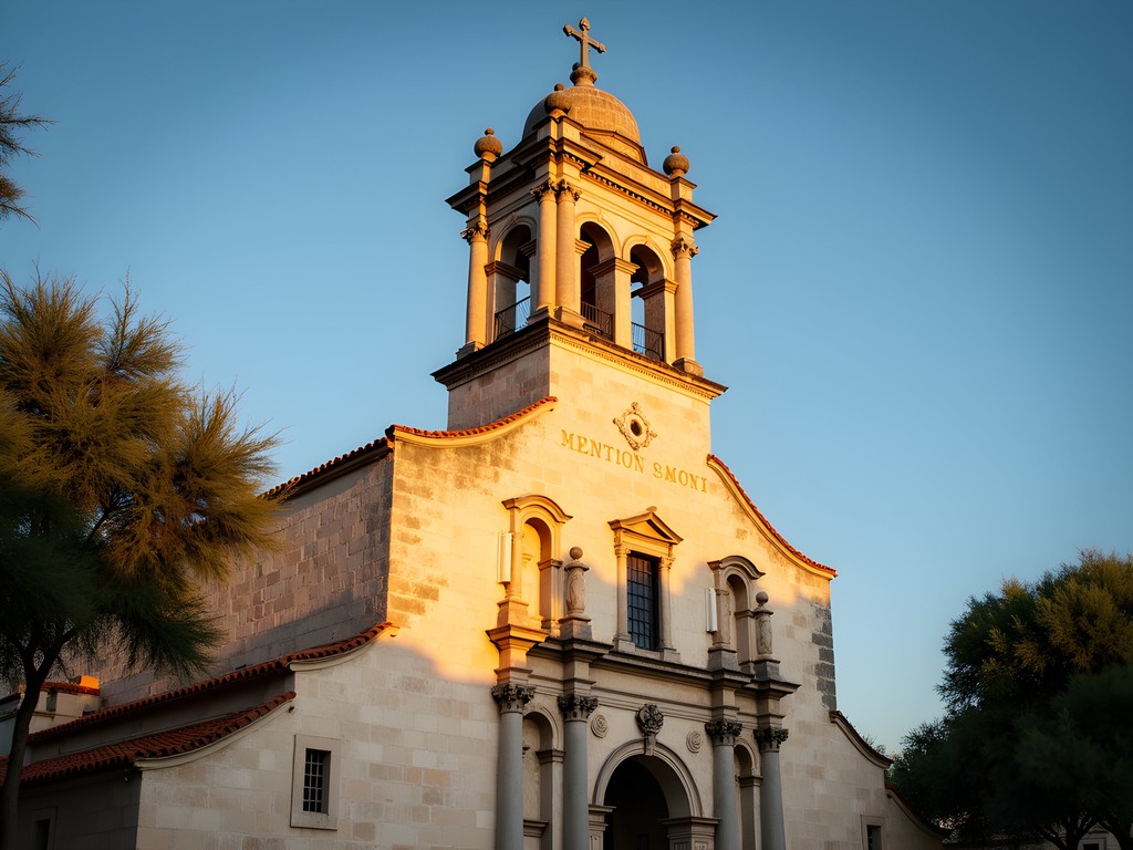 Bell tower of Mission San José with morning light in San Antonio
