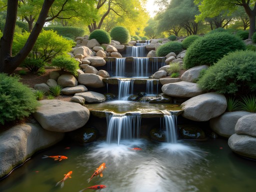 Multi-tiered waterfall in San Antonio Japanese Tea Garden with limestone formations
