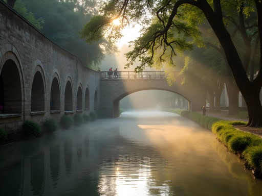 Early morning mist over San Antonio River Walk with stone archways