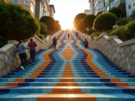 Colorful mosaic tiled steps on 16th Avenue with ocean view at the top