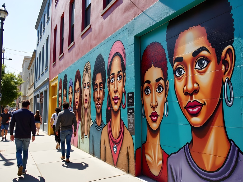 Colorful murals in Mission District with diverse pedestrians walking past