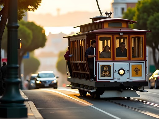 San Francisco cable car climbing Powell Street with passengers and Bay view