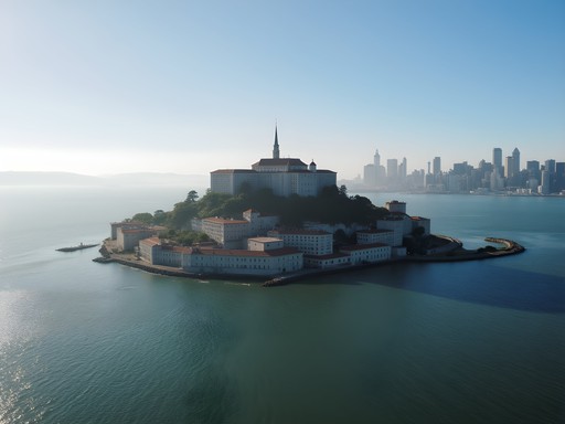 Alcatraz Island with San Francisco skyline in background during morning light