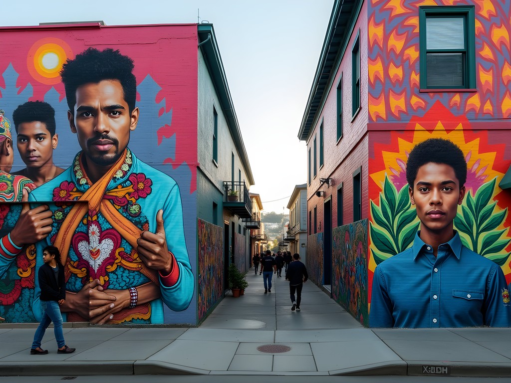 Colorful street murals in San Francisco's Mission District with locals walking by